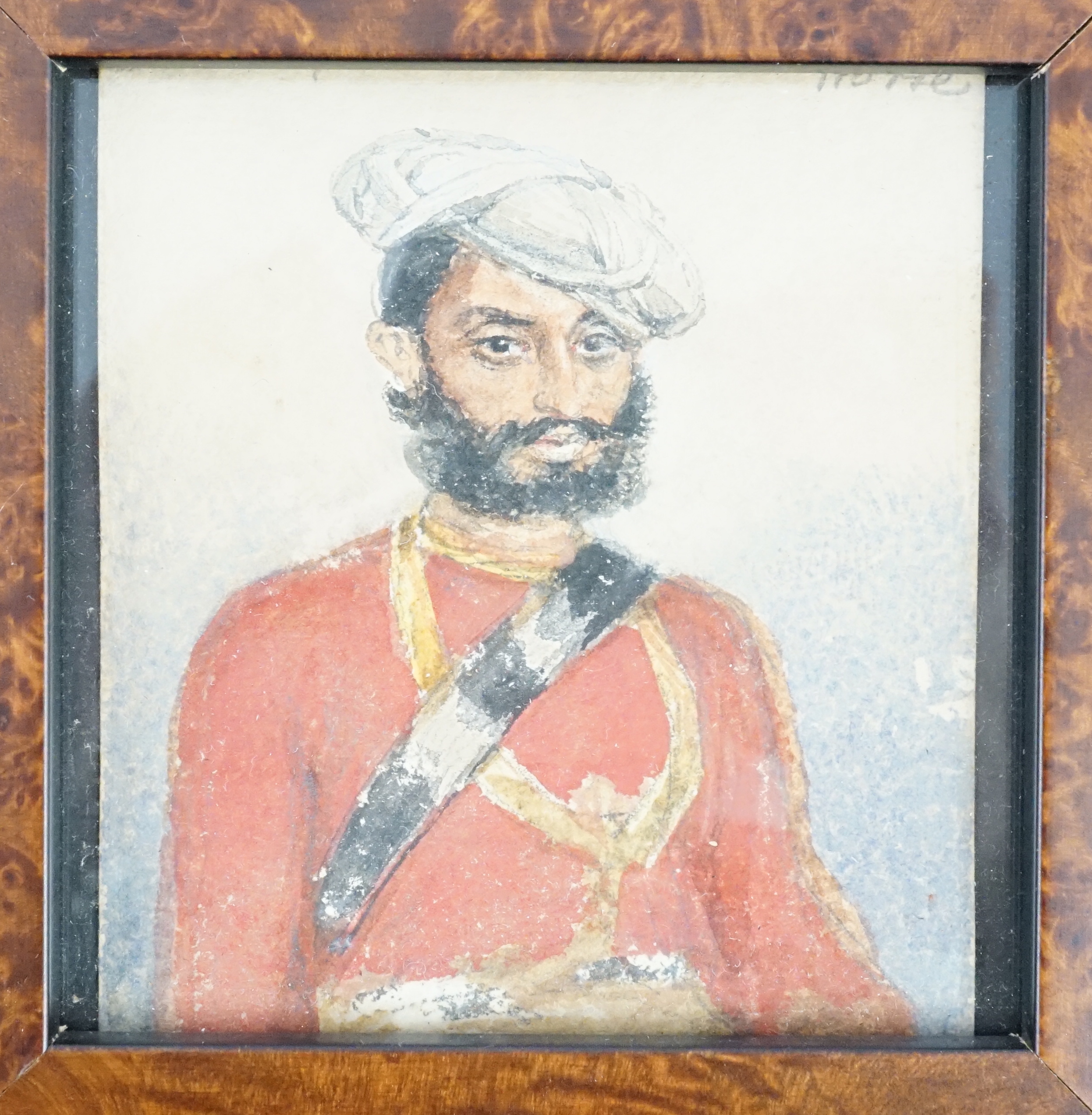 Anglo Indian School c.1850 , Portrait miniature of an Indian Officer of the South Mahratta Irregular Horse, c.1849, watercolour on paper, 10.25 x 8cm.